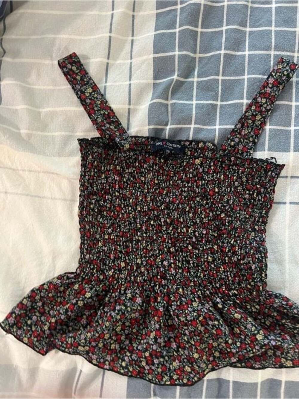 Smocked Floral Cami Top with Ruffle Hem - Black/Red
